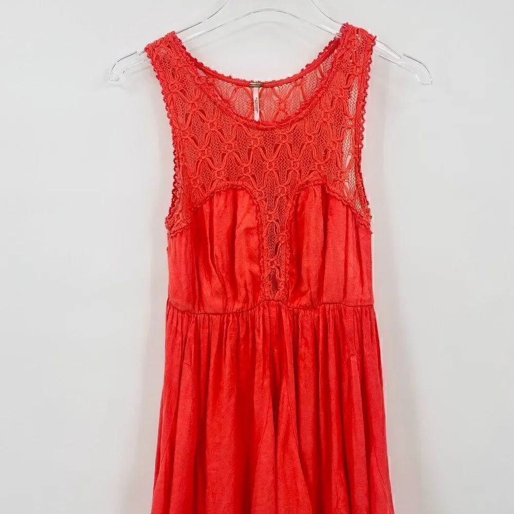 Free People Size XS Fiesta Coral Pink Crochet Lace Boho Sleeveless Mini Dress